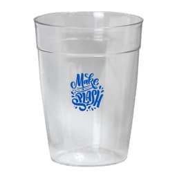 A clear plastic cup with a blue logo, designed as a Tritan Carry Cup for drinkware.
