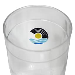 A clear Tritan carry cup featuring a circular logo with waves and sun design. Ideal for drinkware use.