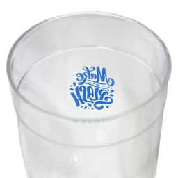 A clear Tritan carry cup with a stylised logo at the bottom, featuring blue lettering.