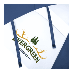 A recycled golf umbrella in navy blue and white with a branding logo featuring trees and antlers.