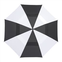 A black and white recycled golf umbrella featuring a central opening and a logo on the handle.