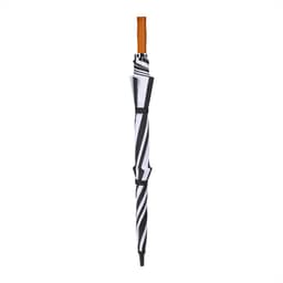 A black and white striped golf umbrella with a wooden handle, featuring a logo.