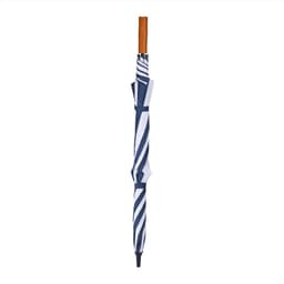 A navy and white striped recycled golf umbrella with a wooden handle and a logo.