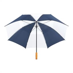A navy and white recycled golf umbrella with a wooden handle and a logo.
