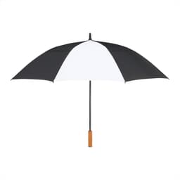 A black and white recycled golf umbrella with a wooden handle and a central support structure.