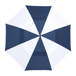 A navy and white recycled golf umbrella featuring a triangular panel design and a central logo.