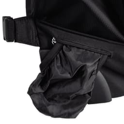 A black wheeled backpack with a zippered pocket and a folded compartment visible. Features a textured surface and logo.