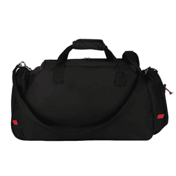 A black duffel bag with a shoulder strap, featuring multiple compartments and a logo.