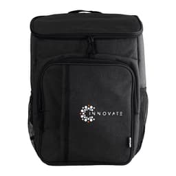 A black backpack with a front pocket, mesh side pockets, and a logo on the front.
