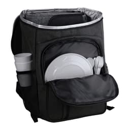 A grey insulated backpack with a plate, cutlery, and cups stored inside. Features side pockets and a logo.