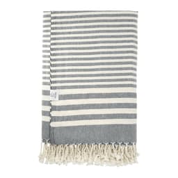 A striped throw blanket in grey and cream, featuring a fringed edge and a small logo.