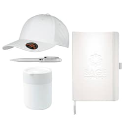 A white cap, a silver pen, a white mug, and a white notebook with a logo.
