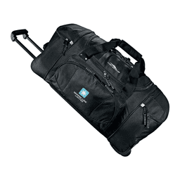 A black wheeled duffel bag with multiple compartments and a retractable handle, featuring a logo.