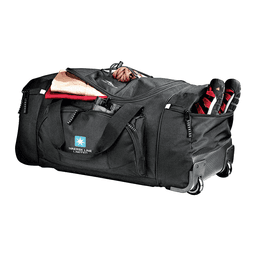 A black wheeled duffel bag with a logo, featuring external pockets and sports gear visible inside.
