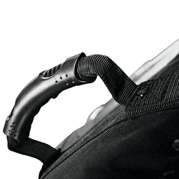 A close-up of a black wheeled duffel bag handle featuring a textured grip and attachment details.