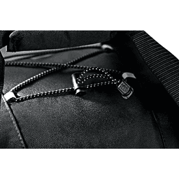 A close-up of a black wheeled duffel bag showcasing its zipper and bungee cord detail. The bag features branding.