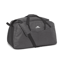 A dark grey duffel bag with a shoulder strap and multiple pockets, featuring a logo on the front.
