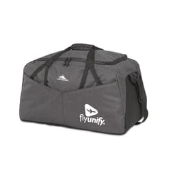 A grey duffel bag with a large compartment and multiple handles, featuring a logo on the front.