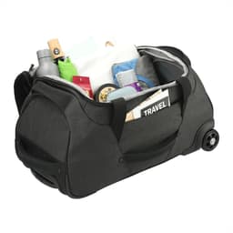 A wheeled duffel bag in charcoal grey with various items inside, including a drink bottle and travel essentials.