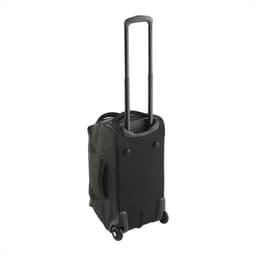 A black wheeled duffel bag with a retractable handle and wheels, featuring side pockets and a logo.