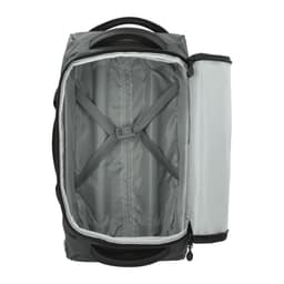 A wheeled duffel bag in grey with an unzipped interior, featuring straps and a side compartment.
