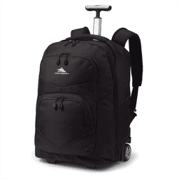 A black wheeled backpack with a retractable handle and various compartments, featuring a logo.