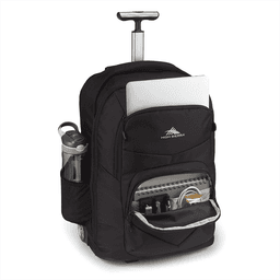 A black wheeled backpack with a retractable handle, featuring a water bottle pocket and various compartments for organisation.