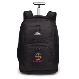 A black wheeled backpack with dual zippered compartments, adjustable straps, and a retractable handle.