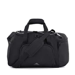 A black travel duffel bag with multiple compartments, carrying handles, and a detachable shoulder strap. It features a logo.