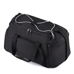 A black travel duffel bag with multiple zippered compartments and sturdy handles, featuring a logo.