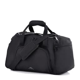 A black travel duffel bag with multiple compartments, handles, and an adjustable shoulder strap. It features a logo.