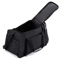 A black travel duffel bag with a top opening, featuring dual handles and a front zip pocket. It has a logo.