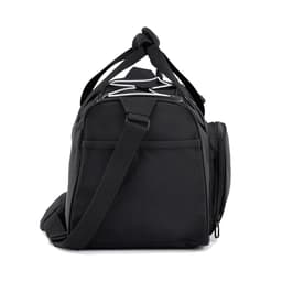 A black duffel bag with a mesh pocket and adjustable strap. It features a sturdy handle and a sleek design.