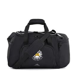 A black duffel bag with multiple zippered compartments and a removable shoulder strap. It features a logo on the front.
