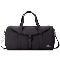 A black duffel bag with a flap, adjustable shoulder strap, and dual handles. It features a logo on the side.