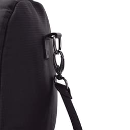 A black duffel bag featuring a sturdy strap attachment point with a metal clip.