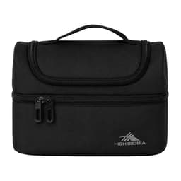 A black lunch bag with a zippered compartment and a handle on top, featuring a logo on the front.