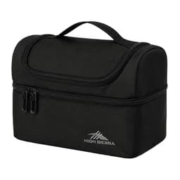 A black lunch bag with a zippered compartment and a carry handle, featuring a logo on the front.