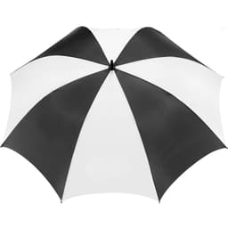 A golf umbrella featuring a black and white striped canopy design. It includes a logo on one side.