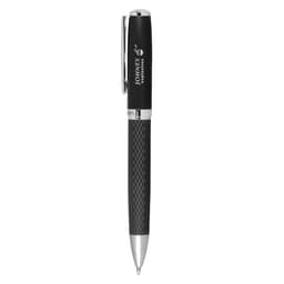 A black metal ballpoint pen with a textured grip and a silver clip, featuring a logo.