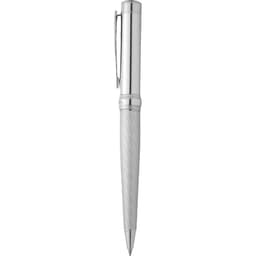 A silver ballpoint pen with a striated design and a clip, featuring a branding logo.