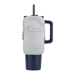 A drink bottle pouch in grey featuring a zippered pocket and a straw, designed to fit a dark blue drink bottle.