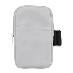 A drink bottle pouch in grey, featuring a zippered compartment and an adjustable strap, with a logo present.