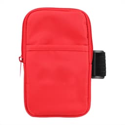 A drink bottle pouch in bright red, featuring a zippered compartment and a strap on the side. It has a logo.