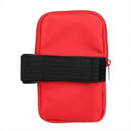A drink bottle pouch in bright red, featuring a zip closure and a black elastic strap. It includes a logo.