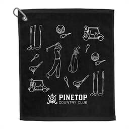 A black golf towel featuring white graphics of golf clubs, balls, and a golfer, with a logo at the bottom.