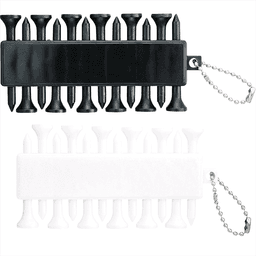 A set of golf ball markers in black and white, each with a chain for convenience. The product includes multiple markers.