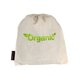 A natural fabric drawstring bag in cream colour featuring the word "Organic" in green lettering with leaf designs.