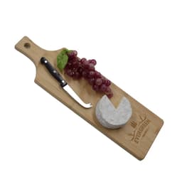 A wooden serving board with a cheese wedge, grapes, and a knife, featuring a logo.