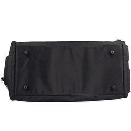 A black duffle bag with a textured surface, featuring a zip closure and a logo.